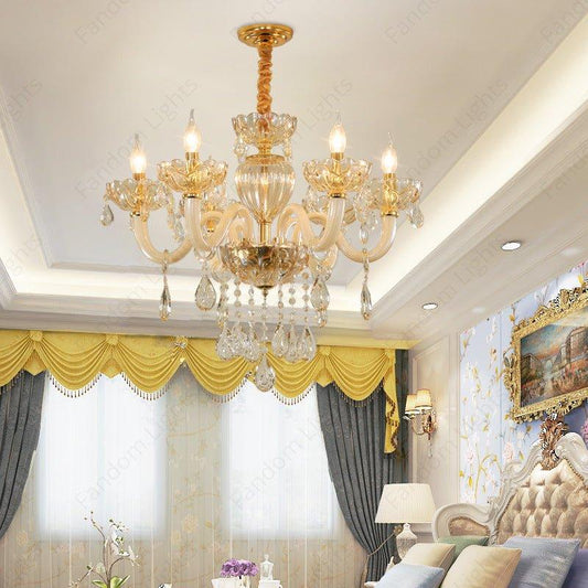 6 Light Amber Glass Italian Chandelier Light for Dining Hall - Warm White