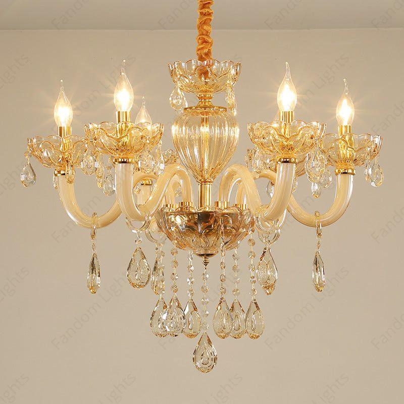 6 Light Amber Glass Italian Chandelier Light for Dining Hall - Warm White