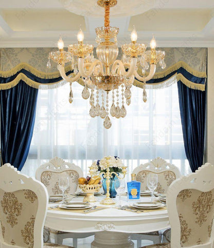 6 Light Amber Glass Italian Chandelier Light for Dining Hall - Warm White