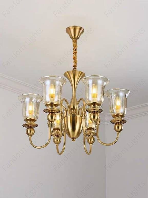 6 Light Champagne Glass Brass Italian Chandelier Light for Dining Hall