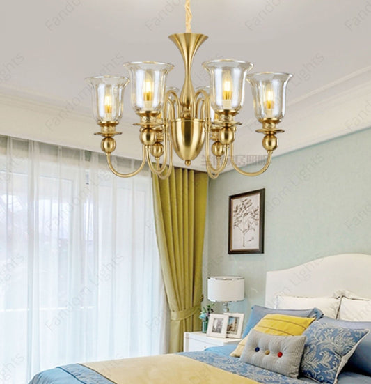 6 Light Champagne Glass Brass Italian Chandelier Light for Dining Hall