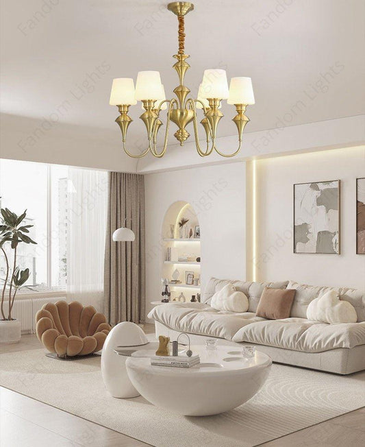 6 Light Frost Glass Brass Italian Chandelier Light for Dining Hall - Warm White