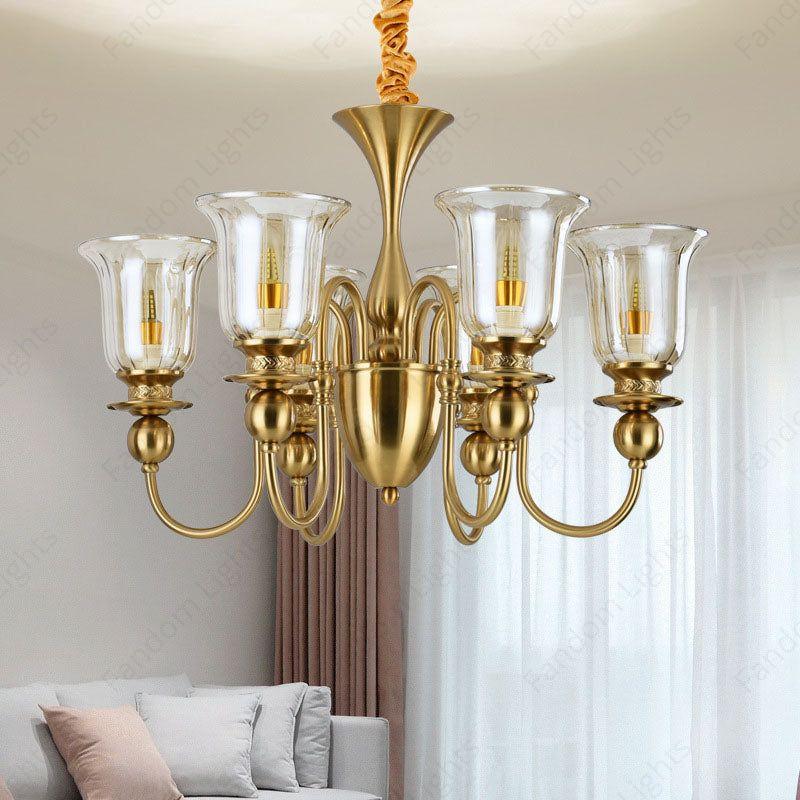 6 Light Champagne Glass Brass Italian Chandelier Light for Dining Hall