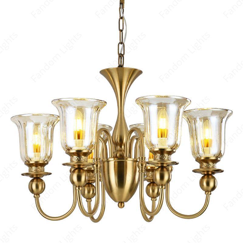 6 Light Champagne Glass Brass Italian Chandelier Light for Dining Hall